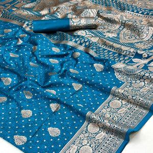 Blue Art Silk Saree with Graceful Zari Floral Designs for Wedding and Festive Wear