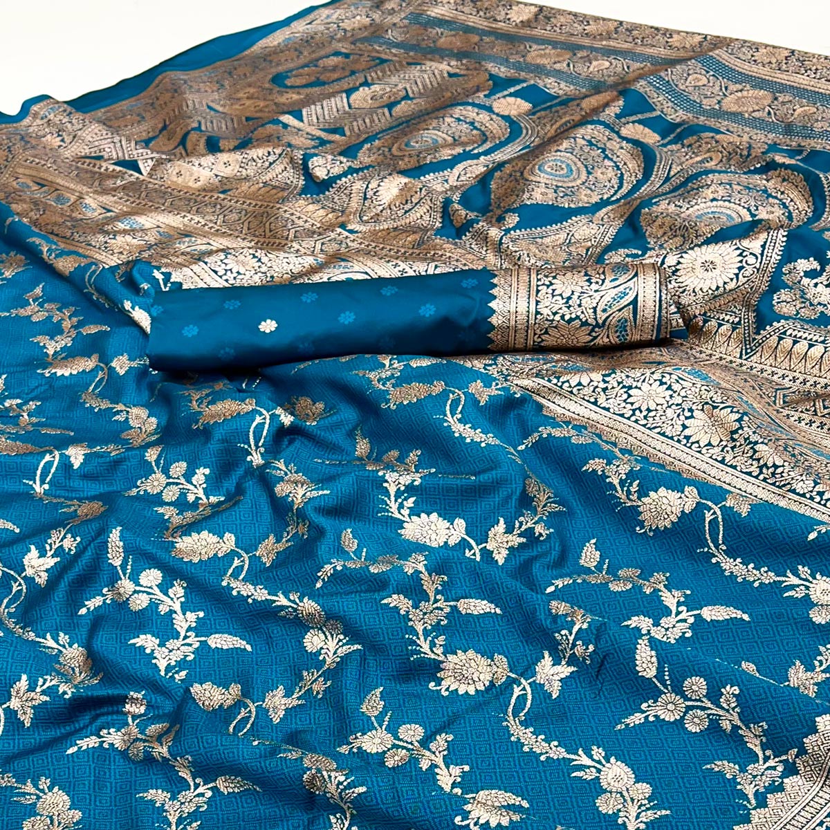 Blue Saree in Art Silk Featuring Traditional Zari Woven Floral Motifs for Special Occasions