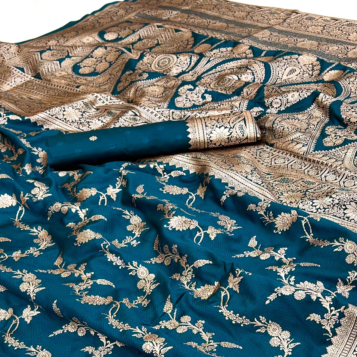 Teal Saree in Art Silk Featuring Traditional Zari Woven Floral Motifs for Special Occasions