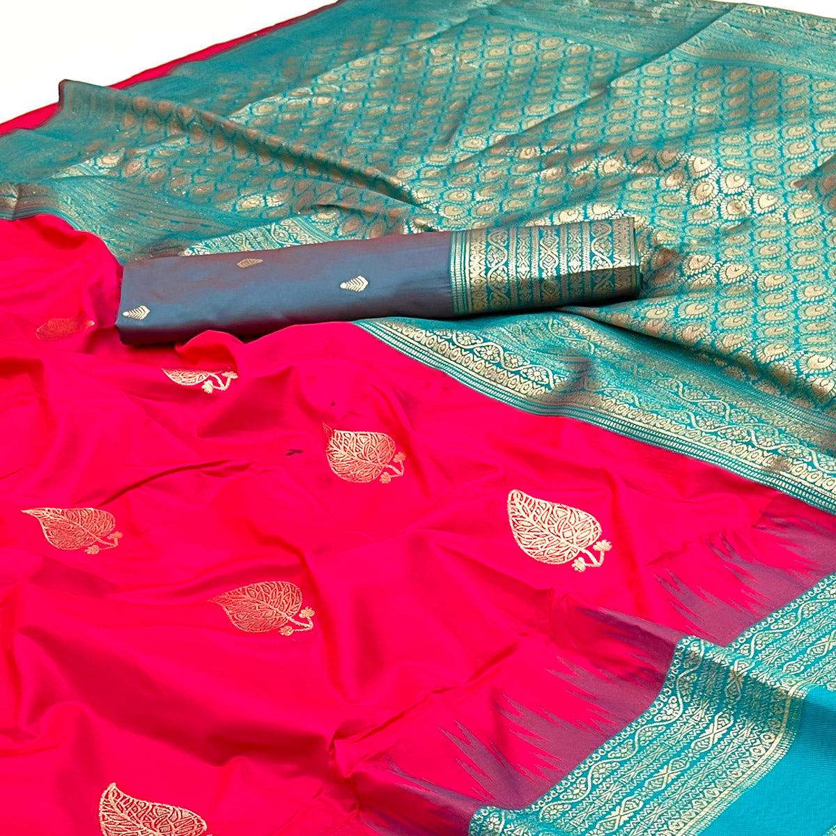 Pink Zari Woven Art Silk Saree Featuring Delicate Floral Motifs & Regal Banarasi Pallu