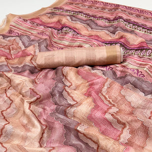 Peach Cotton Silk Saree With Artistic Digital Prints & Zari Weaving