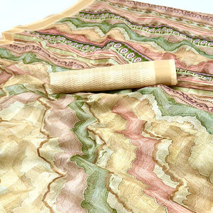 Cream Cotton Silk Saree With Artistic Digital Prints & Zari Weaving