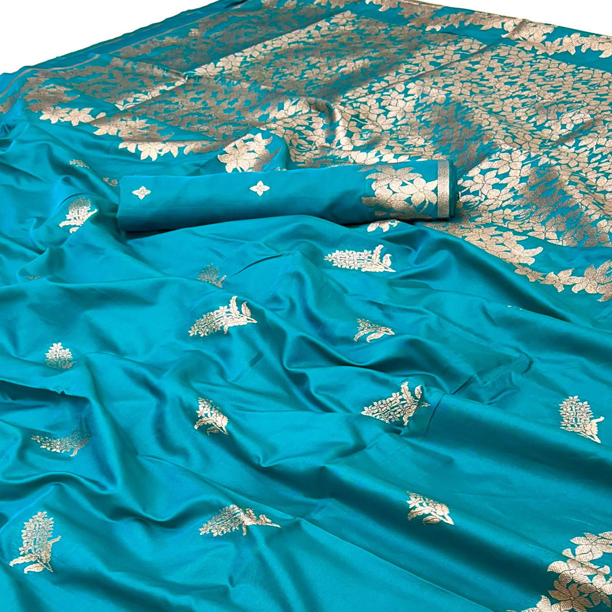 Rama Blue Art Silk Saree With Intricate Floral Zari Weaving & Banarasi Pallu