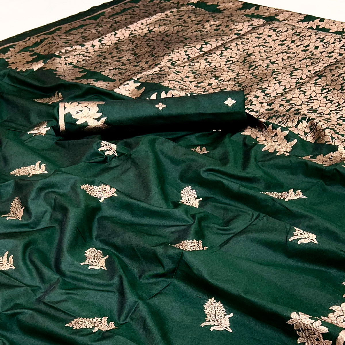 Bottle Green Art Silk Saree With Intricate Floral Zari Weaving & Banarasi Pallu