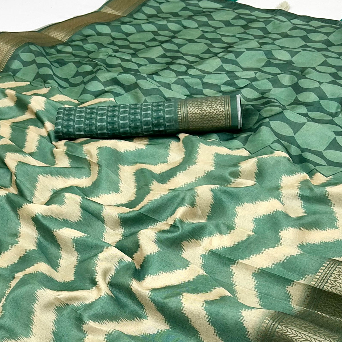 Green Digital Printed Dola Silk Saree Accented With Elegant Zari Woven Border