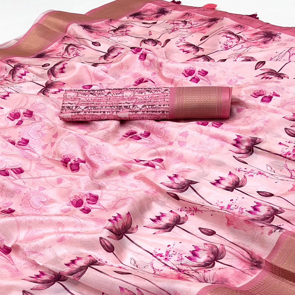 Pink Floral Digital Printed Dola Silk Saree Accented With Elegant Zari Woven Border