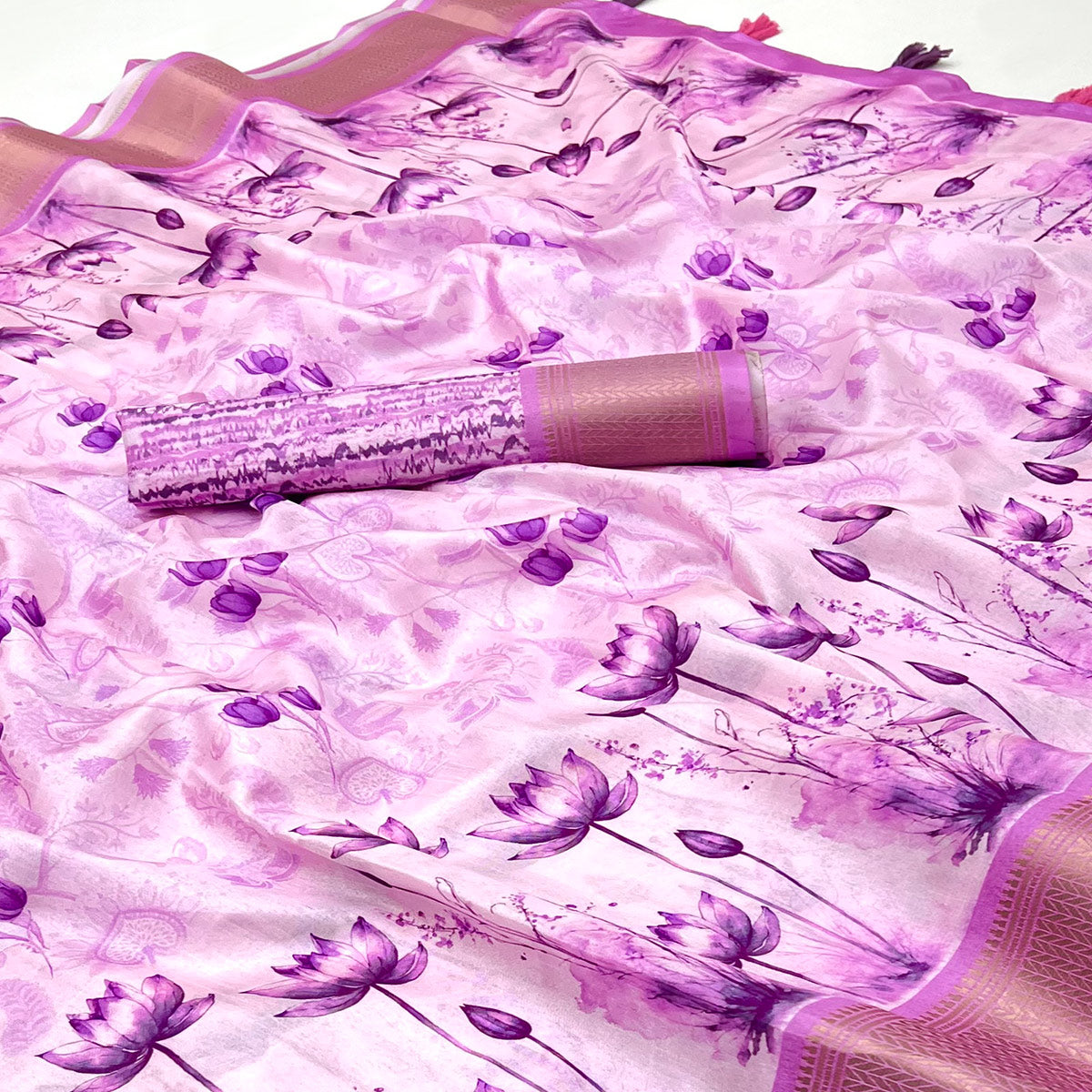 Light Purple Floral Digital Printed Dola Silk Saree Accented With Elegant Zari Woven Border