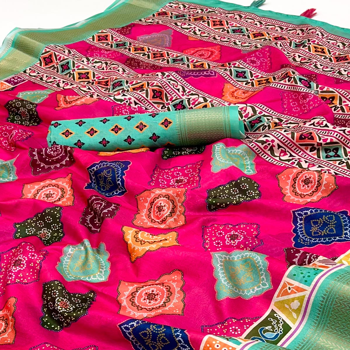Pink Bandhani Digital Printed Dola Silk Saree Accented With Elegant Zari Woven Border