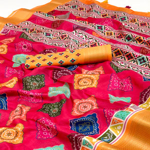 Cherry Red Bandhani Digital Printed Dola Silk Saree Accented With Elegant Zari Woven Border