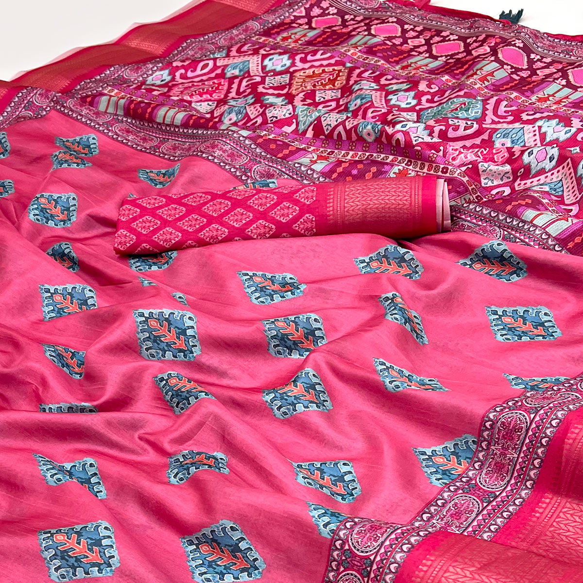 Pink Digital Printed Dola Silk Saree Adorned With Zari Weaving Border & Tassel Pallu