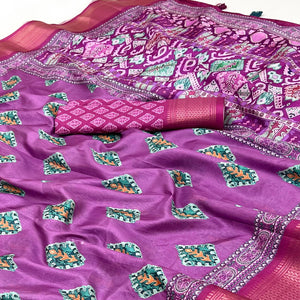 Purple Digital Printed Dola Silk Saree Adorned With Zari Weaving Border & Tassel Pallu