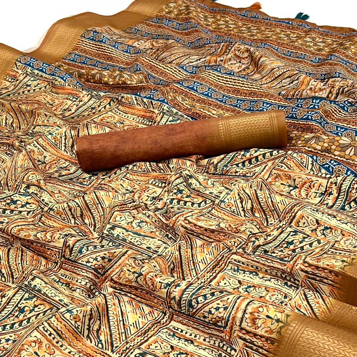 Brown Digital Printed Dola Silk Saree With Intricate Zari Weaving Border & Tassel Pallu