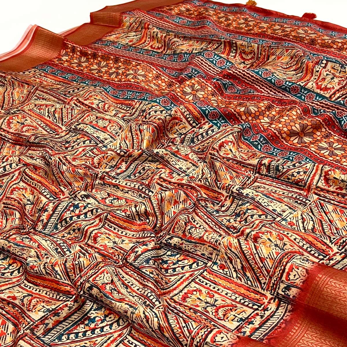 Red Digital Printed Dola Silk Saree With Intricate Zari Weaving Border & Tassel Pallu