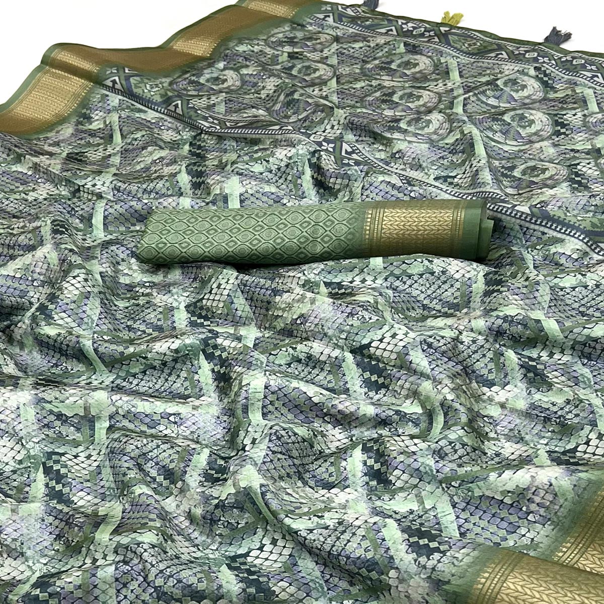 Green Digital Printed Saree In Dola Silk With Shimmering Zari Border & Tassel Pallu