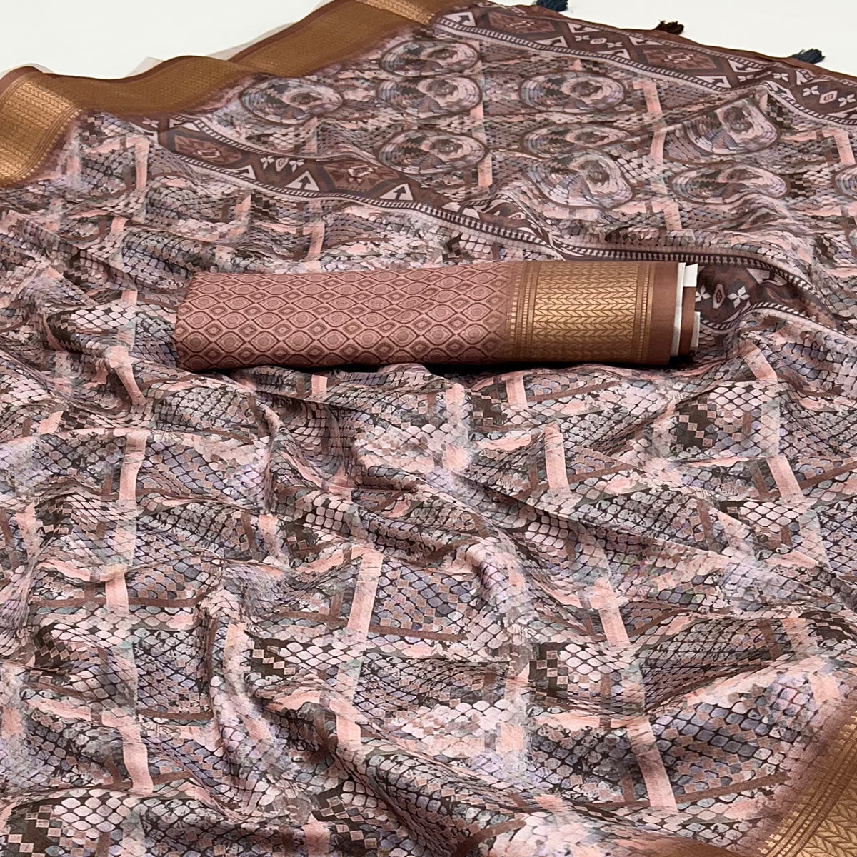 Brown Digital Printed Saree In Dola Silk With Shimmering Zari Border & Tassel Pallu