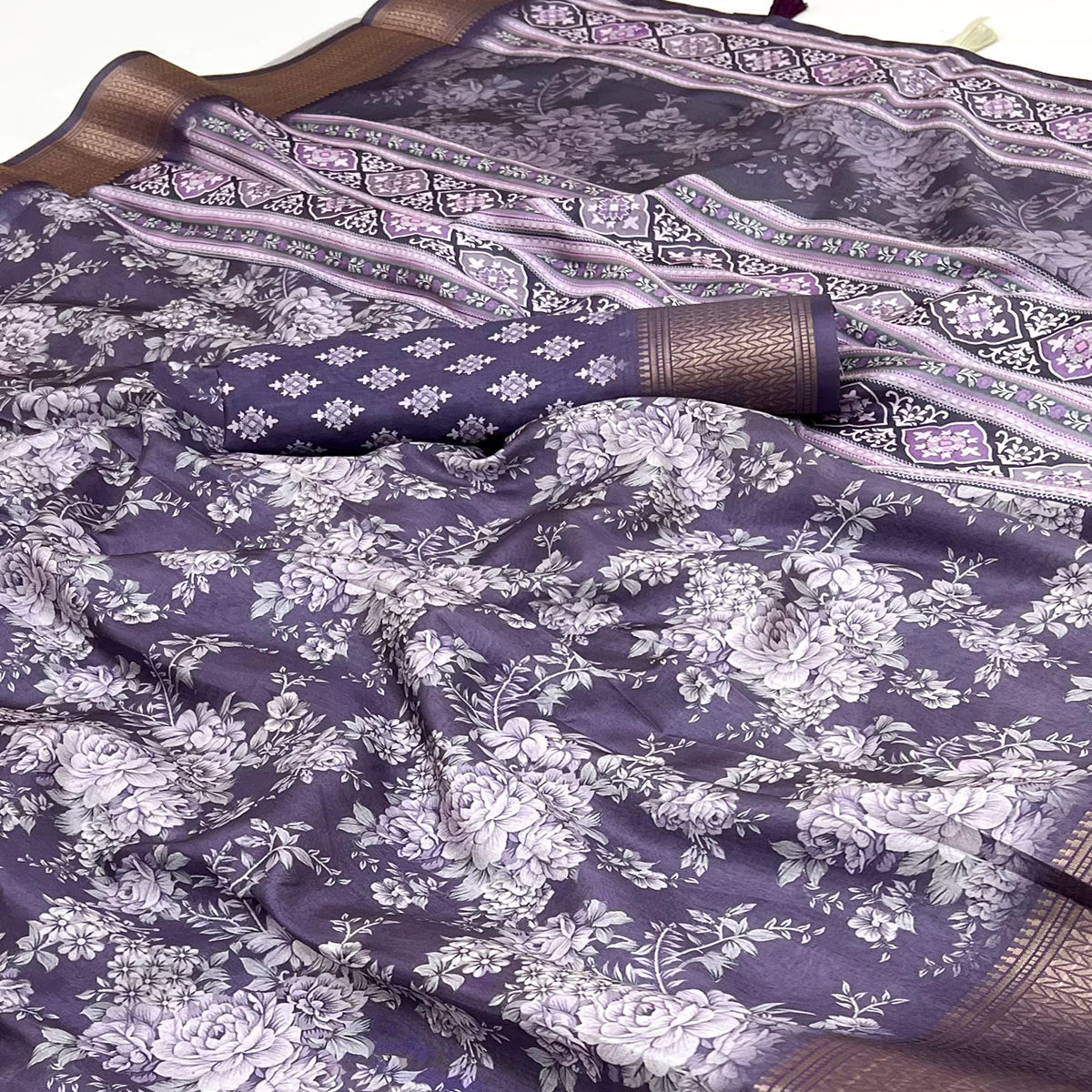 Dark lavender Dola Silk Saree With Floral Digital Prints & Elegant Zari Weaving Border