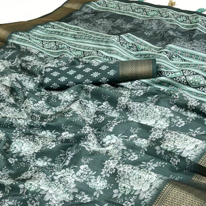 Green Dola Silk Saree With Floral Digital Prints & Elegant Zari Weaving Border