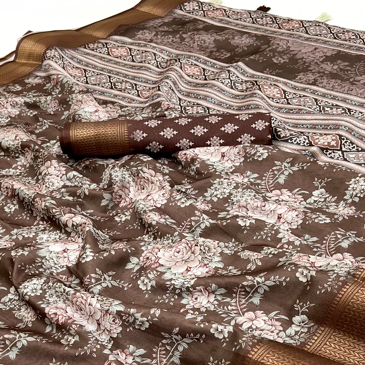 Brown Dola Silk Saree With Floral Digital Prints & Elegant Zari Weaving Border