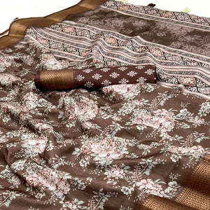 Brown Dola Silk Saree With Floral Digital Prints & Elegant Zari Weaving Border