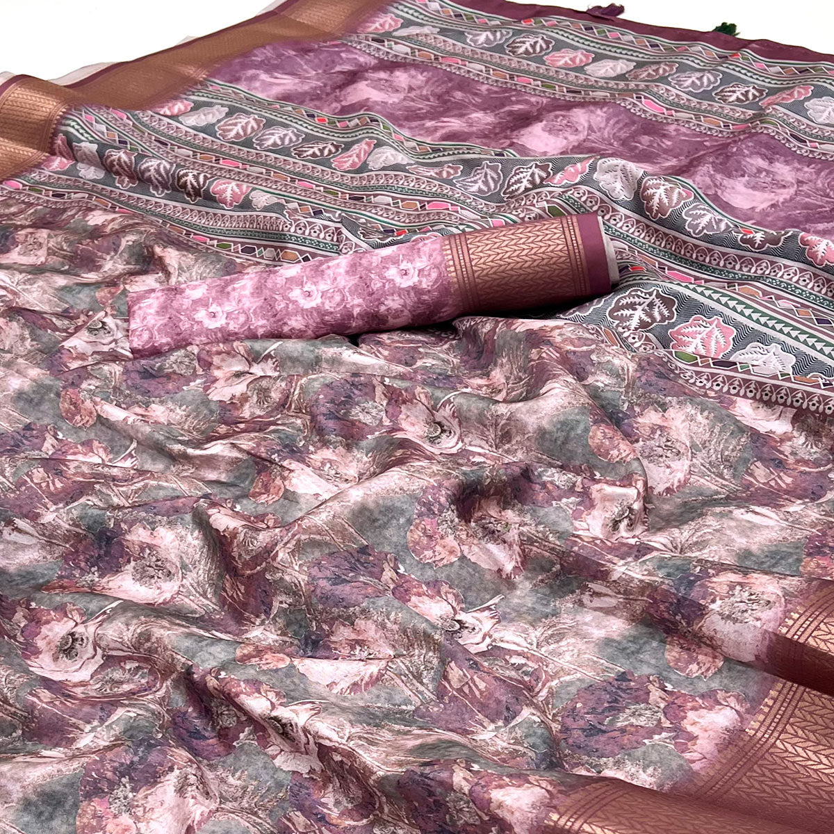 Smyrna Purple Elegance In Dola Saree Featuring Blooming Digital Prints & Zari Border & Tassel Pallu