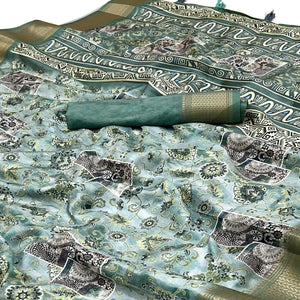 Sage Green Floral Digital Printed Saree In Dola Silk With Shimmering Zari Border & Tassel