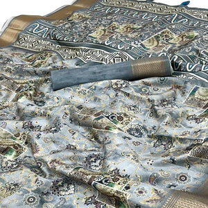 Grey Floral Digital Printed Saree In Dola Silk With Shimmering Zari Border & Tassel