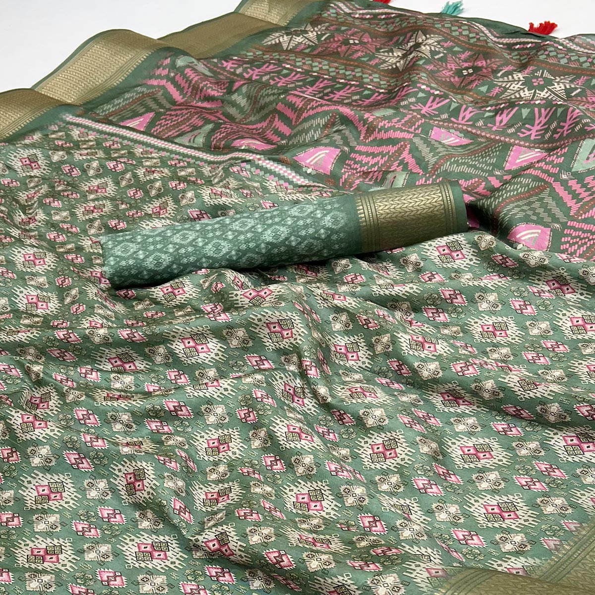 Green Dola Silk Saree With Intricate Digital Prints & Zari Woven Border