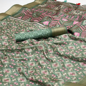 Green Dola Silk Saree With Intricate Digital Prints & Zari Woven Border