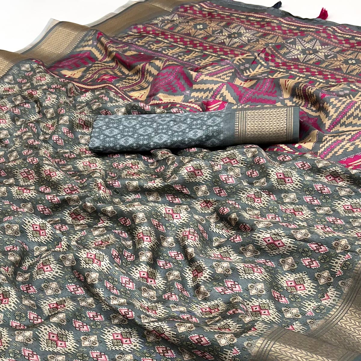 Grey Dola Silk Saree With Intricate Digital Prints & Zari Woven Border