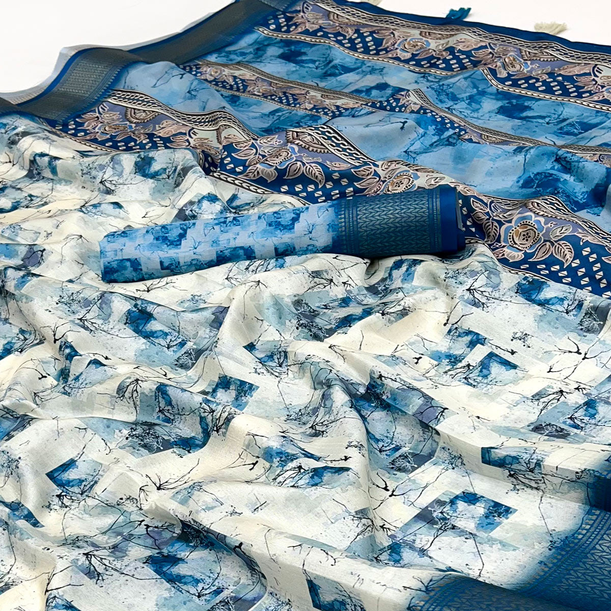 Blue Digital Printed Dola Saree Featuring Elegant Weaving Border & Stylish Tassel Pallu