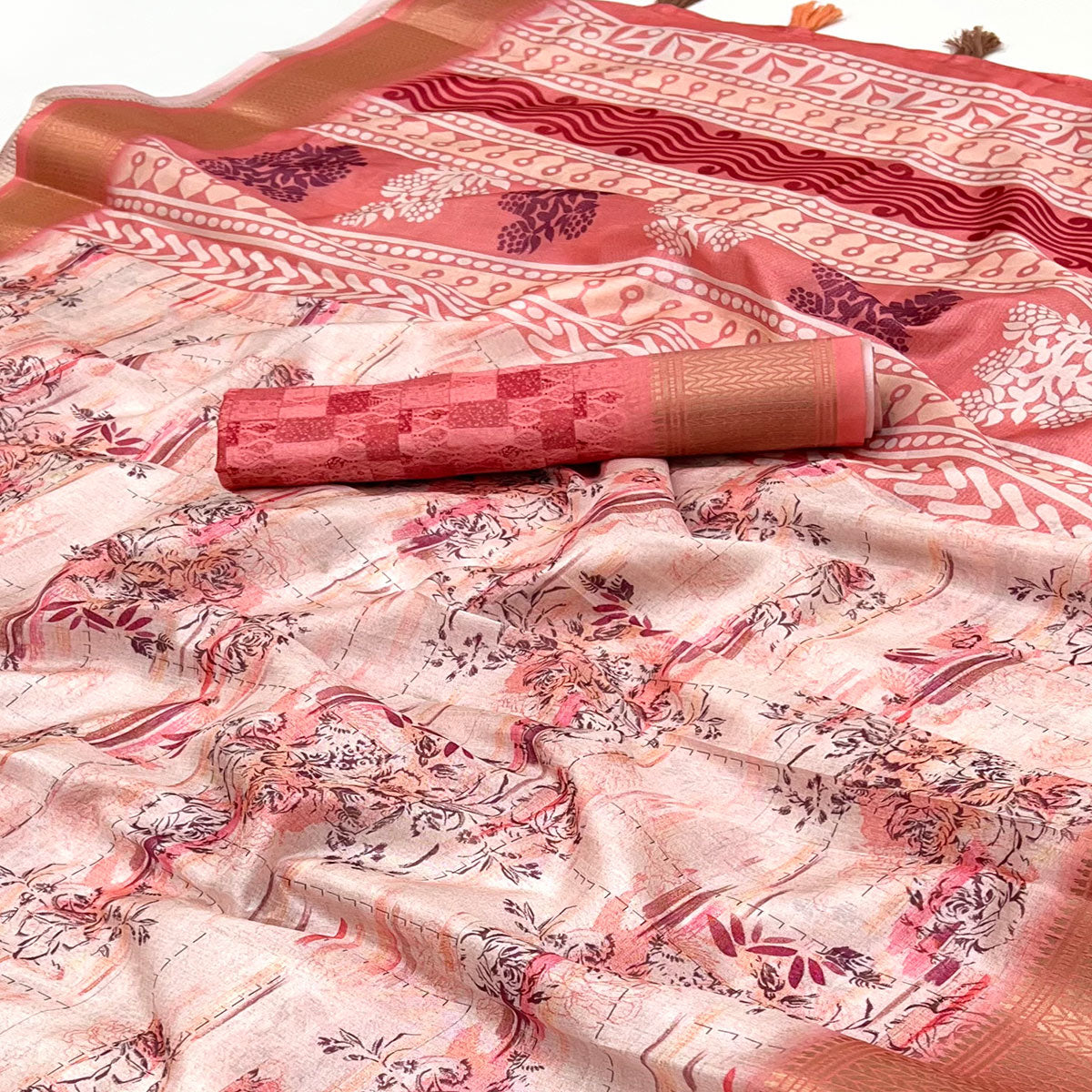 Floral Digital Printed Peach Dola Silk Saree Accented With Intricate Woven Border & Tassel Pallu