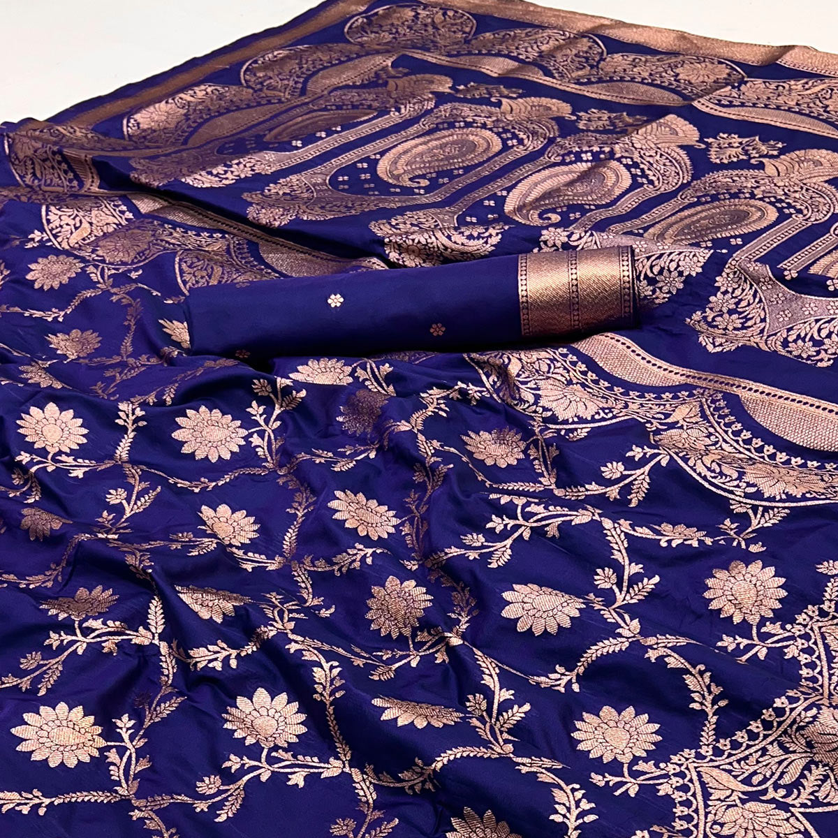Blue Art Silk Saree With Intricate Floral Zari Weaving & Banarasi Pallu