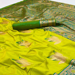 Green Saree In Art Silk Adorned With Floral Zari Work & Traditional Banarasi Pallu