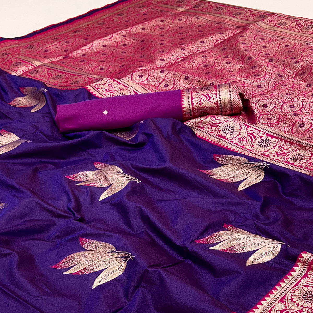 Indigo Purple Saree In Art Silk Adorned With Floral Zari Work & Traditional Banarasi Pallu