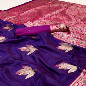 Indigo Purple Saree In Art Silk Adorned With Floral Zari Work & Traditional Banarasi Pallu