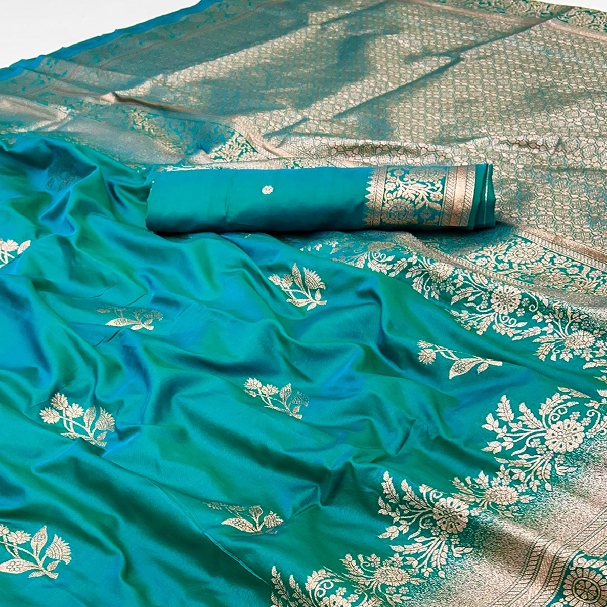 Rama Blue Art Silk Saree Featuring Intricate Floral Zari Weaving & An Elegant Banarasi Pallu