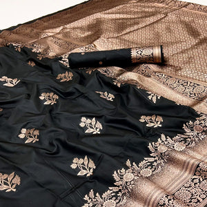 Black Art Silk Saree Featuring Intricate Floral Zari Weaving & An Elegant Banarasi Pallu