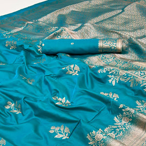 Blue Art Silk Saree Featuring Intricate Floral Zari Weaving & An Elegant Banarasi Pallu