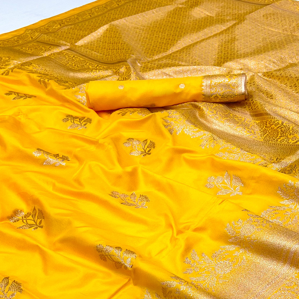 Yellow Art Silk Saree Featuring Intricate Floral Zari Weaving & An Elegant Banarasi Pallu