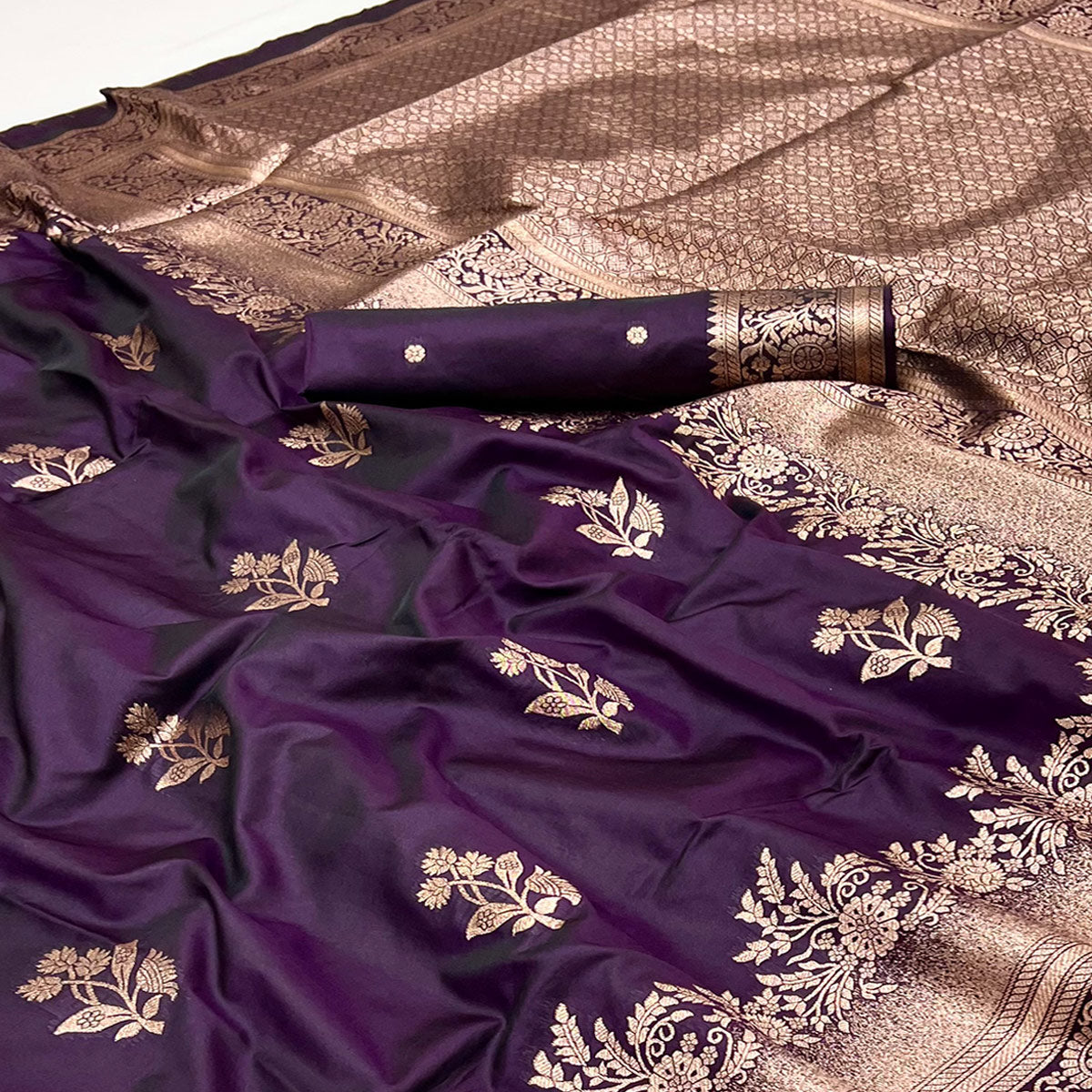 Wine Art Silk Saree Featuring Intricate Floral Zari Weaving & An Elegant Banarasi Pallu