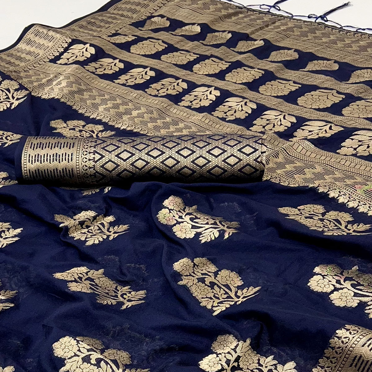 Navy Blue Crepe Silk Saree With Floral Zari Weaving & Stylish Tassel Pallu