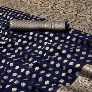 Navy Blue Floral Zari Woven Crepe Silk Saree Accented With Tassel Pallu