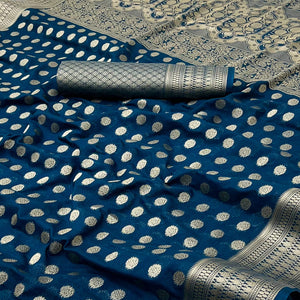 Dark Teal Blue Floral Zari Woven Crepe Silk Saree Accented With Tassel Pallu