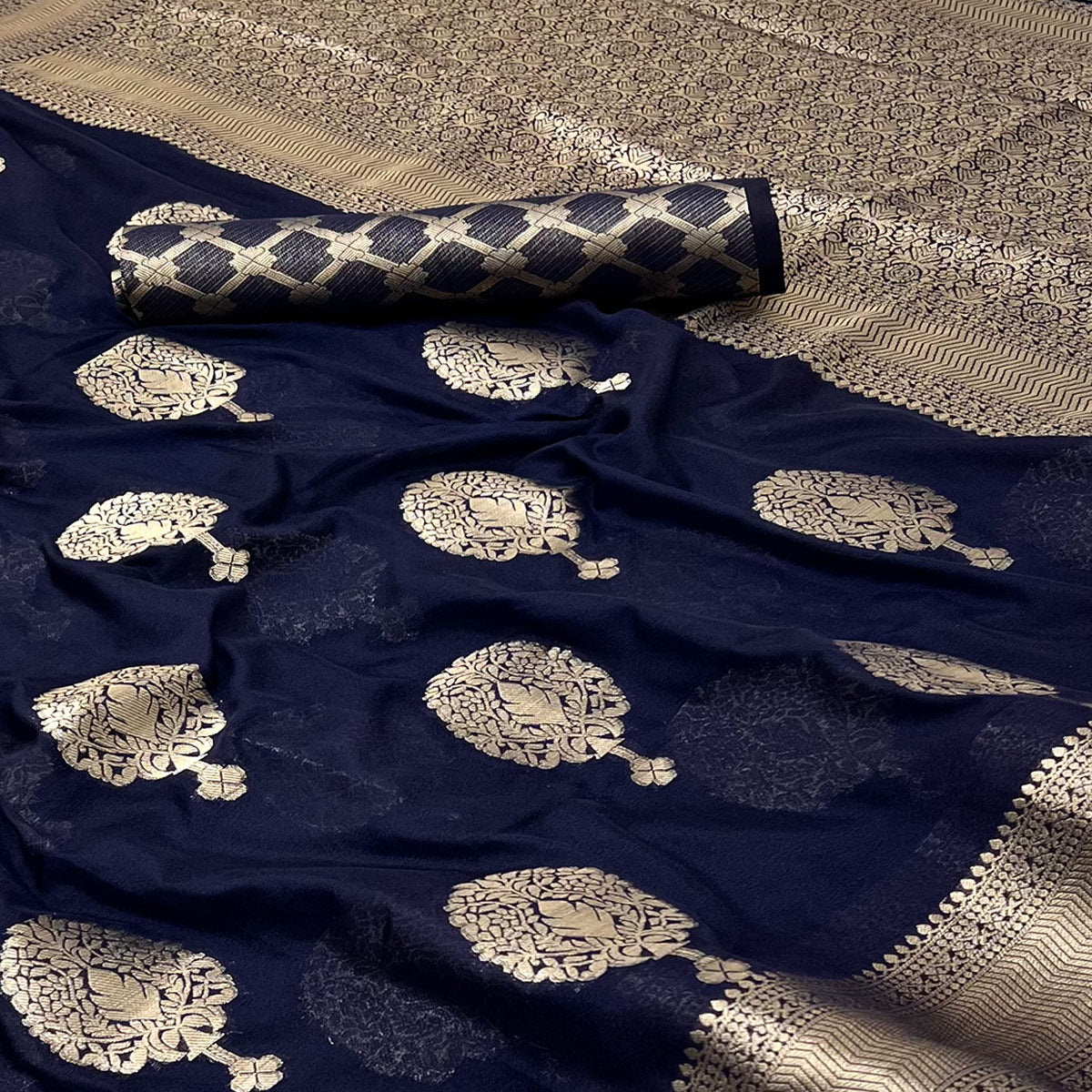 Navy Blue Crepe Silk Saree Featuring Floral Zari Weave & Graceful Tassel Pallu