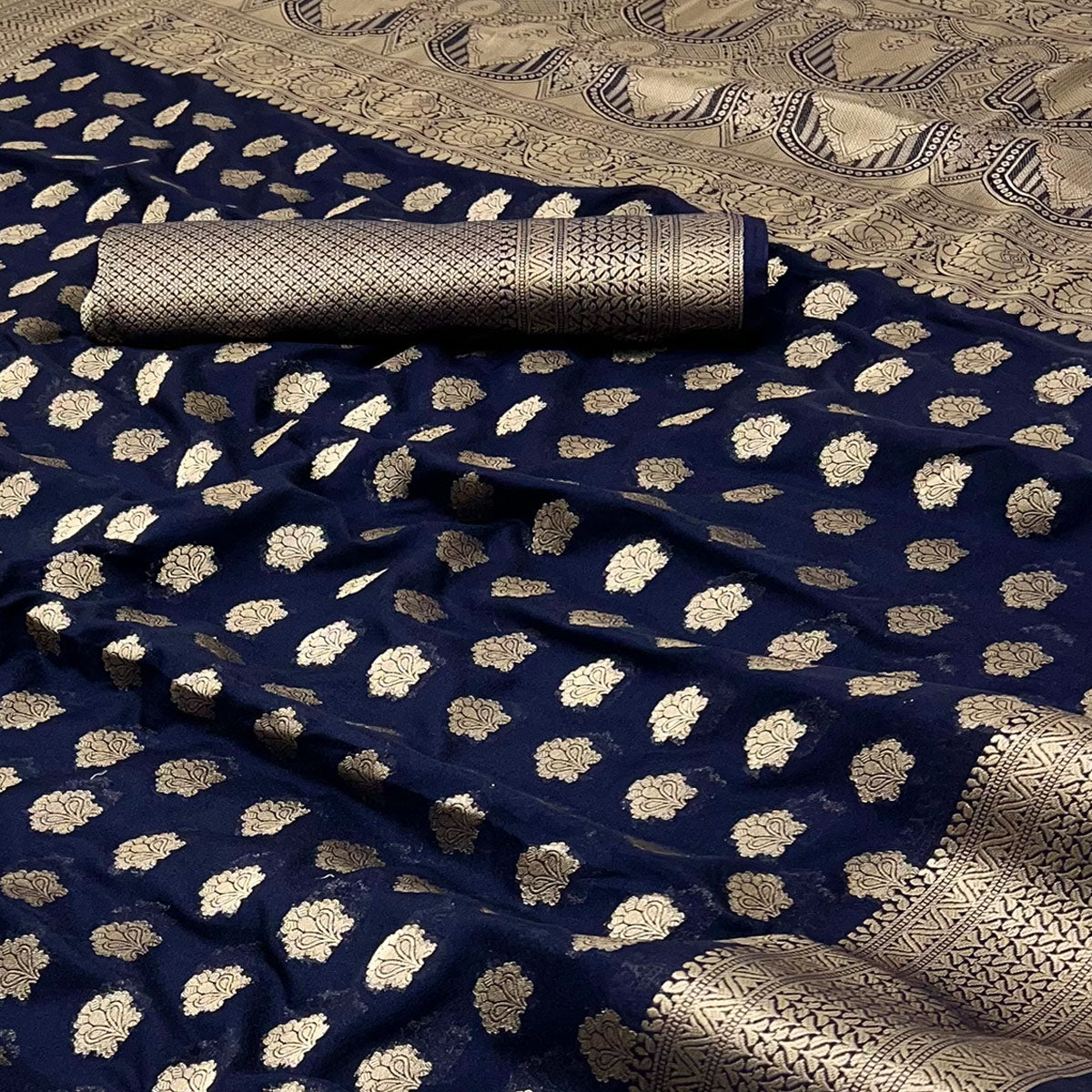 Navy Blue Zari Woven Floral Silk Saree With Chic Tassel Finish Pallu