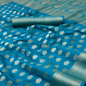 Blue Zari Woven Floral Silk Saree With Chic Tassel Finish Pallu