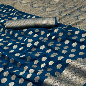 Dark Teal Blue Zari Woven Floral Silk Saree With Chic Tassel Finish Pallu