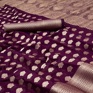 Wine Zari Woven Floral Silk Saree With Chic Tassel Finish Pallu