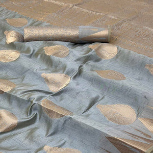 Grey Tusser Cotton Silk Saree With Floral Zari Weaving & Tassel Pallu