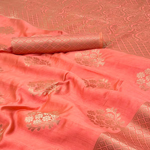 Coral Pink Floral Zari Woven Tusser Cotton Silk Saree With Stylish Tassel Pallu